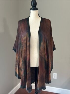 Art Deco Silk Tie-Dye Kimono Open Cardigan in Brown Black Autumn Galaxy